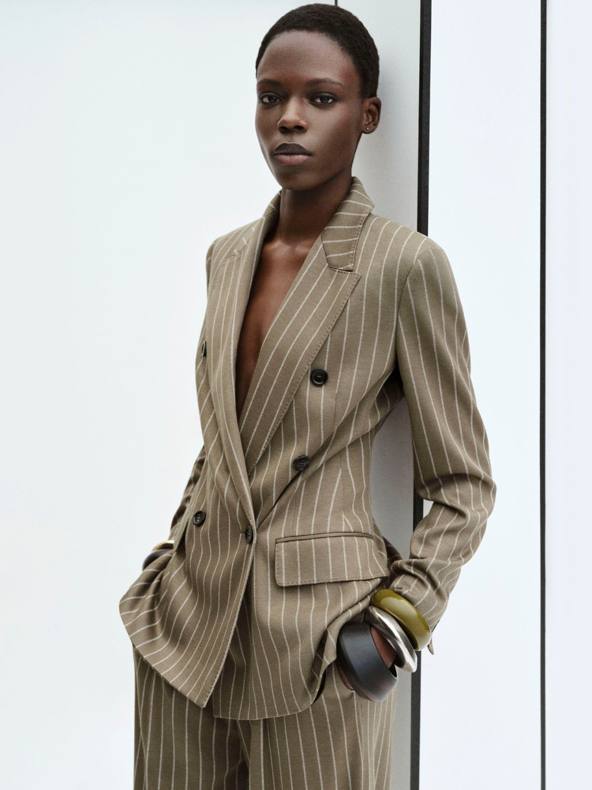 Double-breasted pinstripe jersey blazer - KAKI