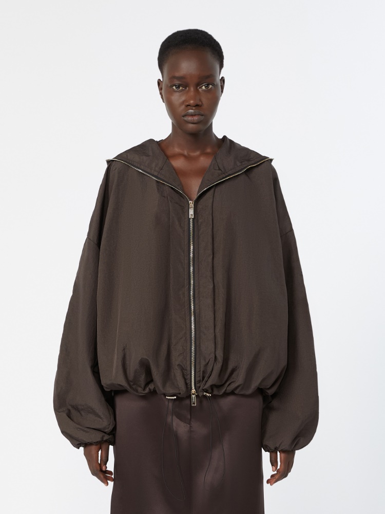 Short crinkled fabric raincoat - DARK BROWN - 2