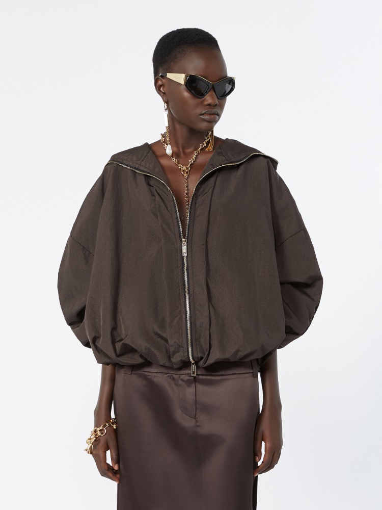 Short crinkled fabric raincoat - DARK BROWN - 4