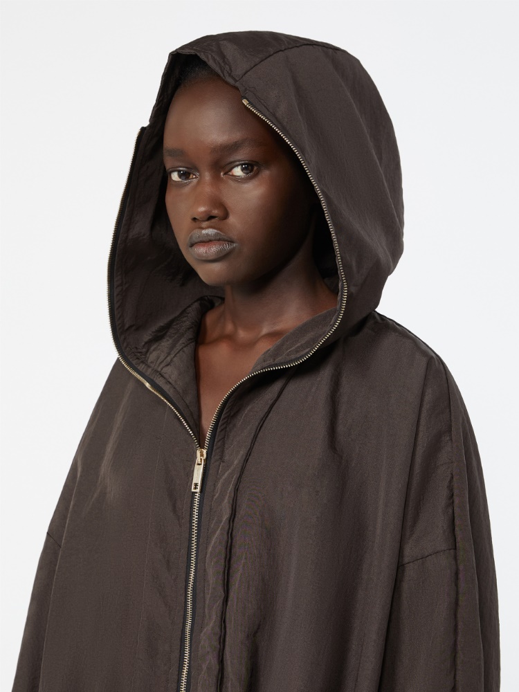 Short crinkled fabric raincoat - DARK BROWN - 5