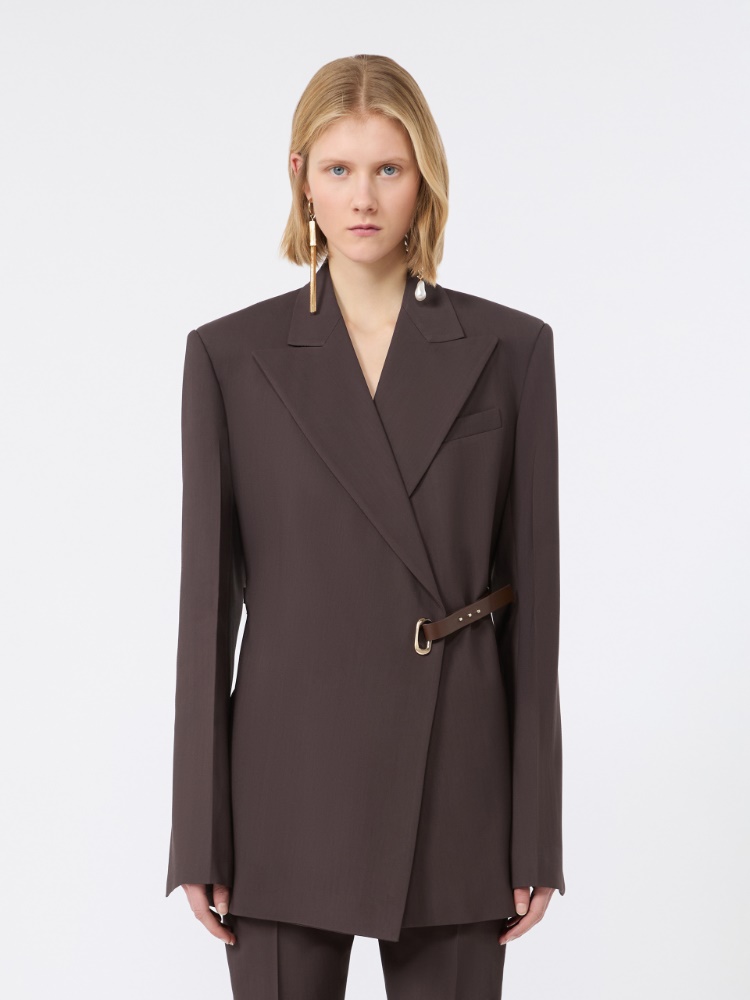 Tailored viscose blazer with leather belt detail - CHOCOLATE - 2