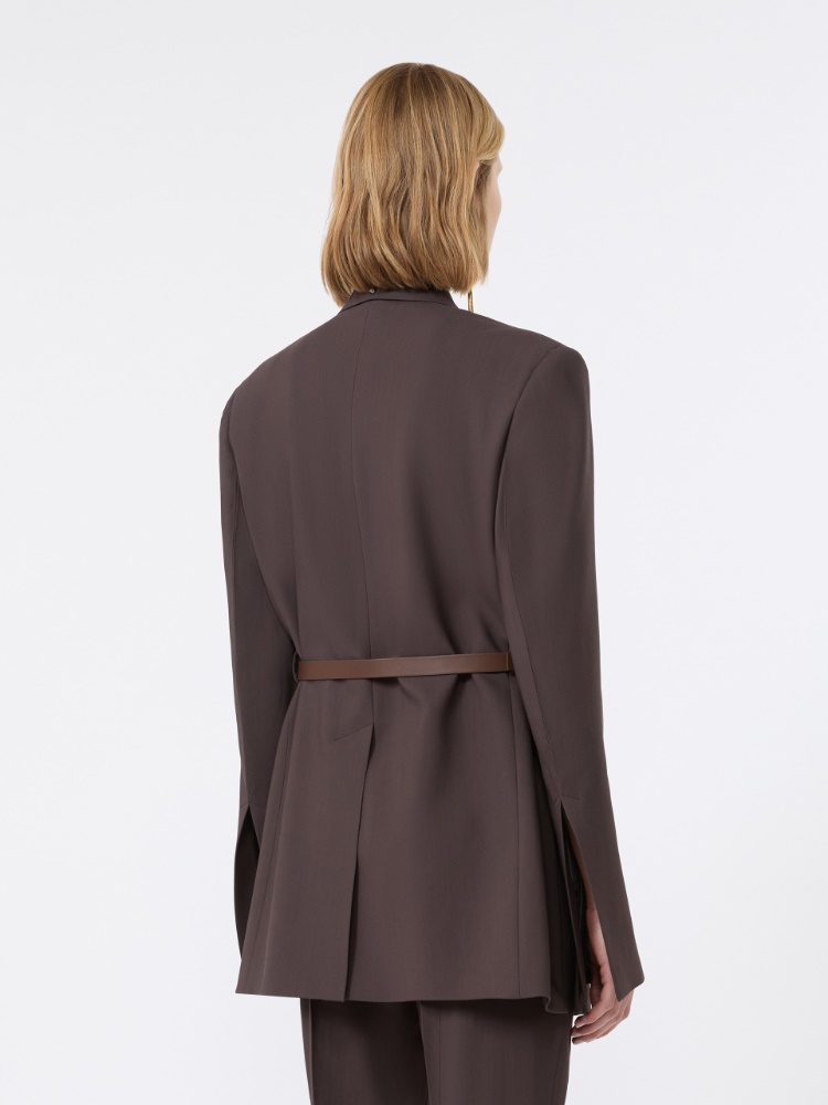 Tailored viscose blazer with leather belt detail - CHOCOLATE - 3