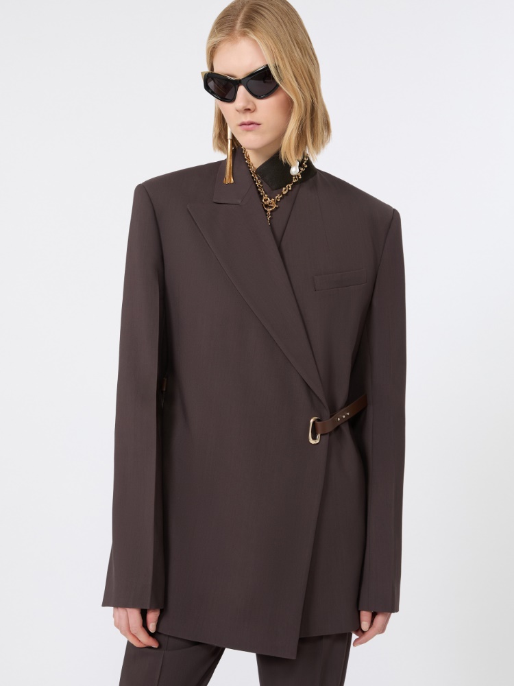 Tailored viscose blazer with leather belt detail - CHOCOLATE - 4