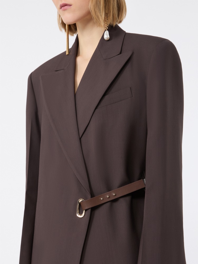 Tailored viscose blazer with leather belt detail - CHOCOLATE - 5