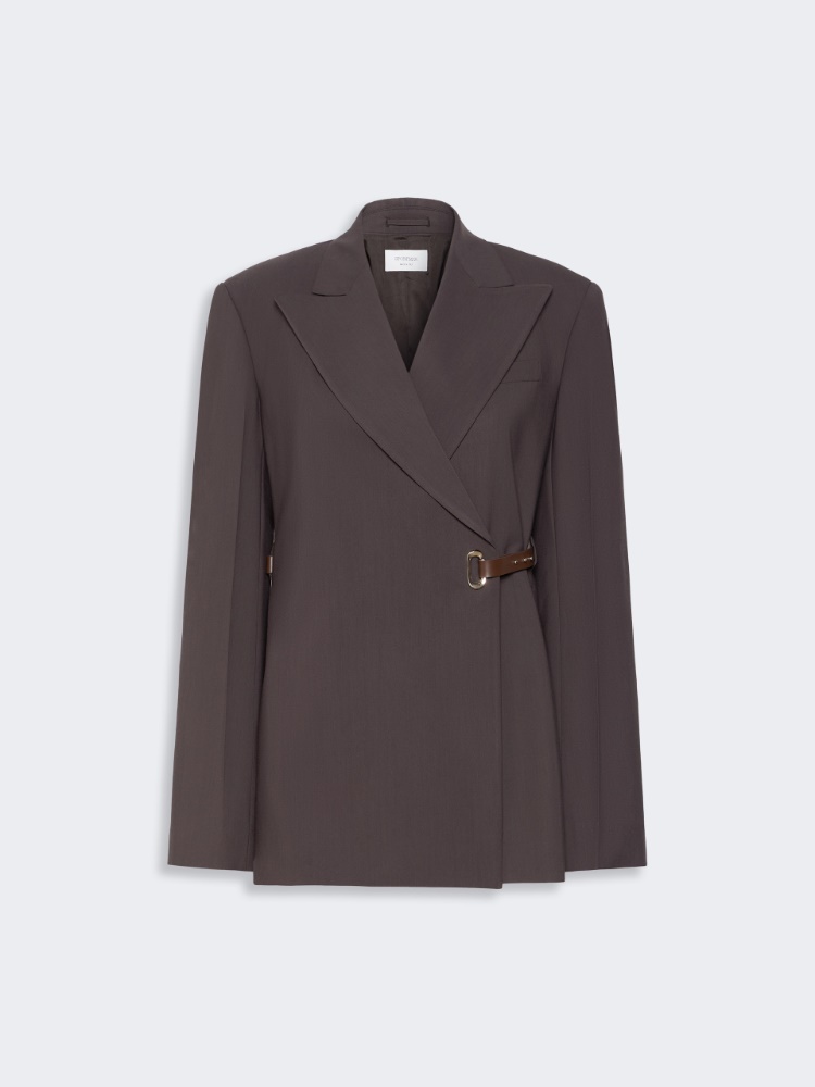 Tailored viscose blazer with leather belt detail - CHOCOLATE