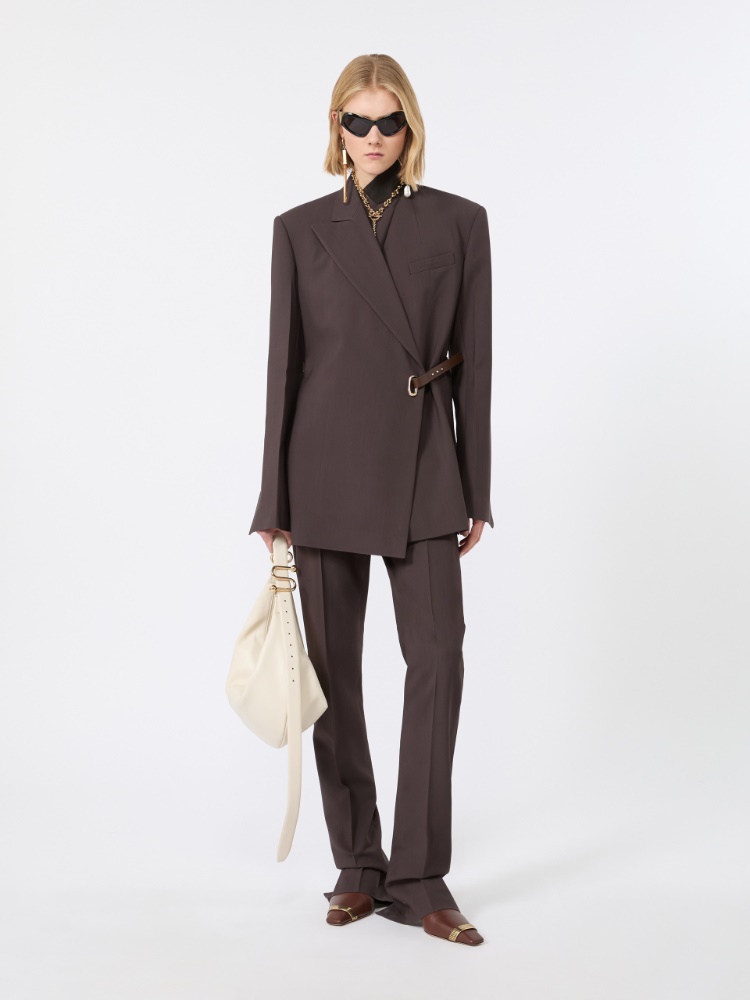 Tailored viscose blazer with leather belt detail - CHOCOLATE - 1