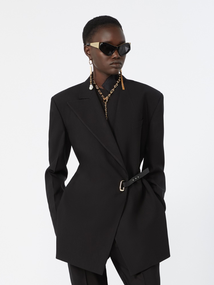 Tailored viscose blazer with leather belt detail - BLACK - 4