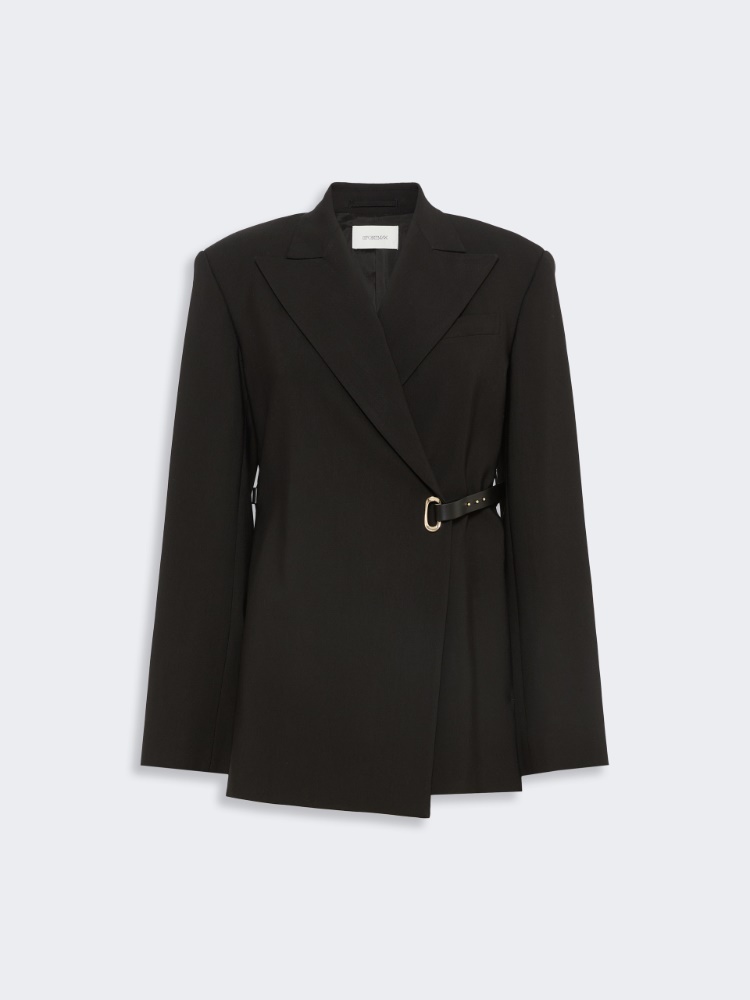 Tailored viscose blazer with leather belt detail - BLACK - 6