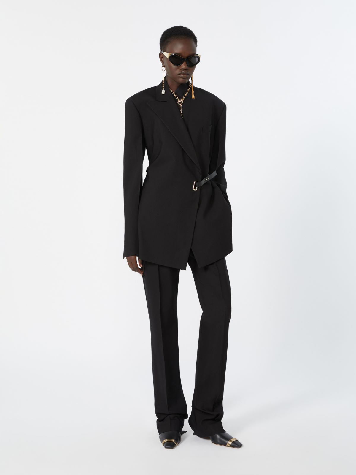 Tailored viscose blazer with leather belt detail - BLACK