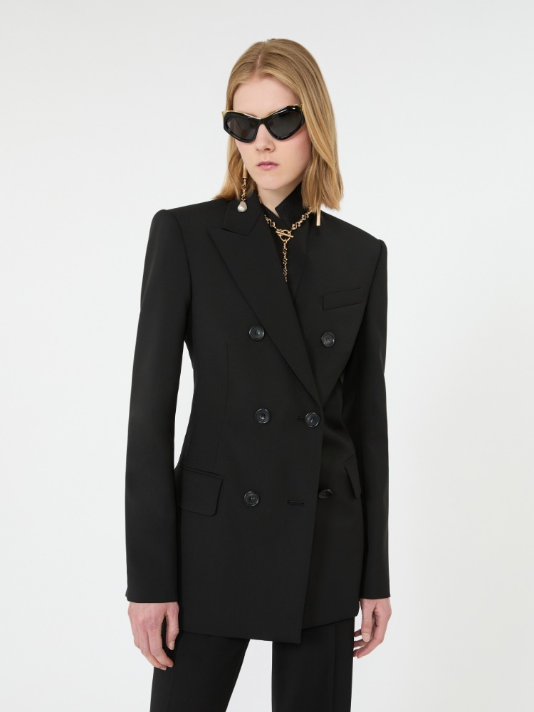 Double-breasted natural stretch wool blazer - BLACK - 4
