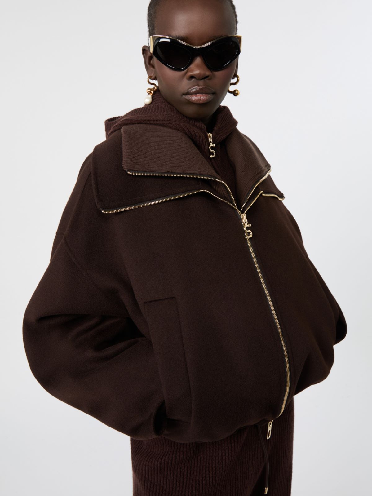Pure wool bomber jacket with removable bib - CHOCOLATE - Max Mara - 4