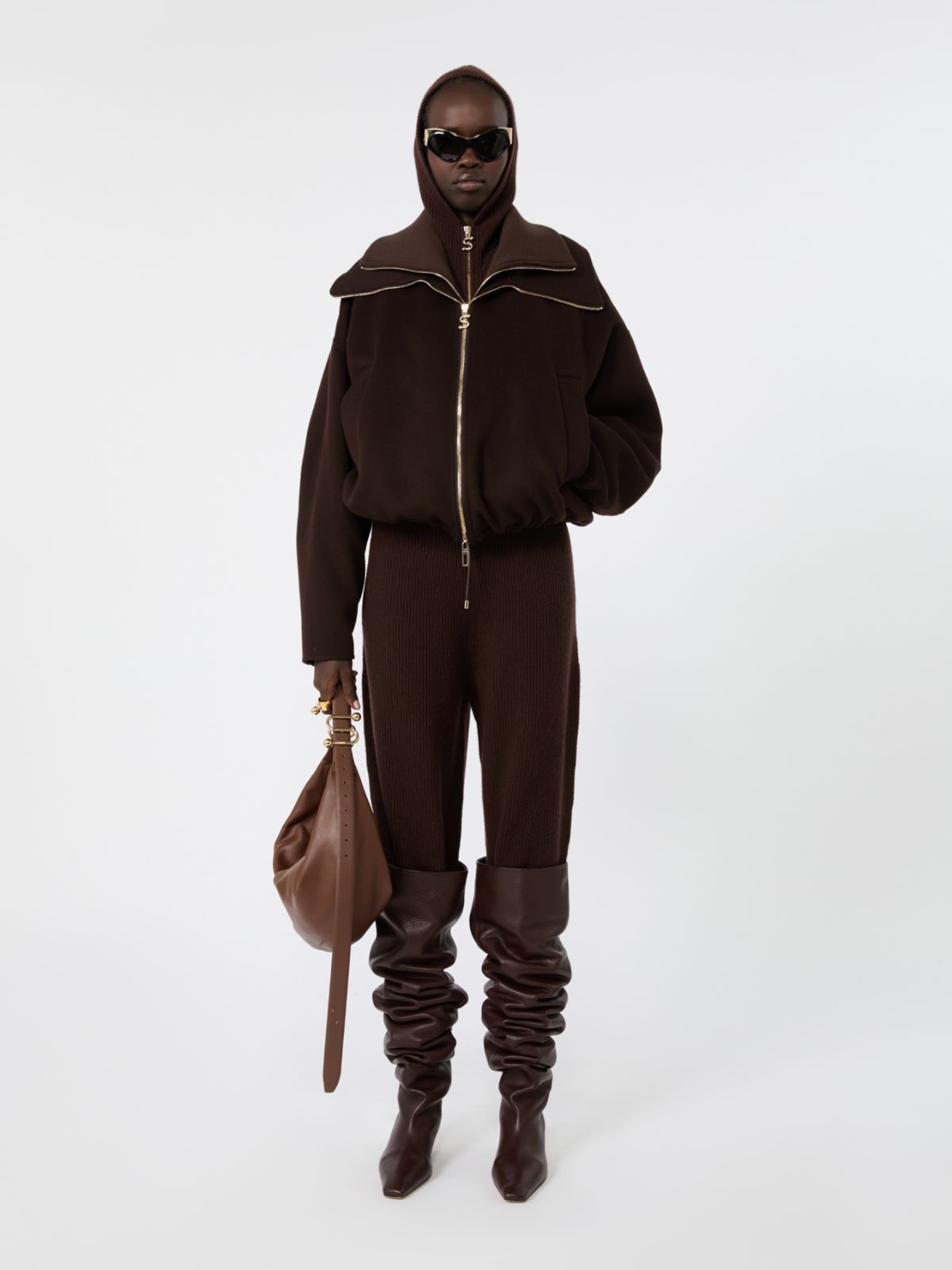 Pure wool bomber jacket with removable bib - CHOCOLATE