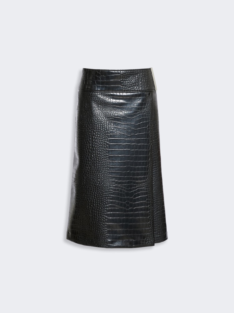 Calf-length skirt in crocodile-print patent leather - BLACK