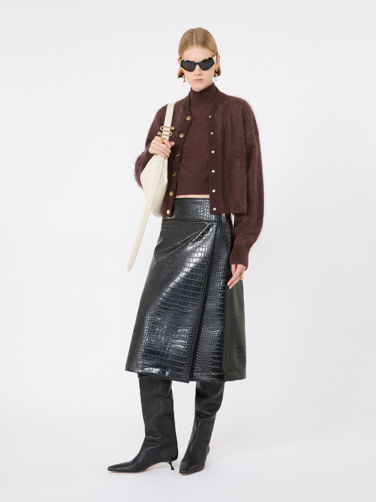 Calf-length skirt in crocodile-print patent leather - BLACK - Max Mara
