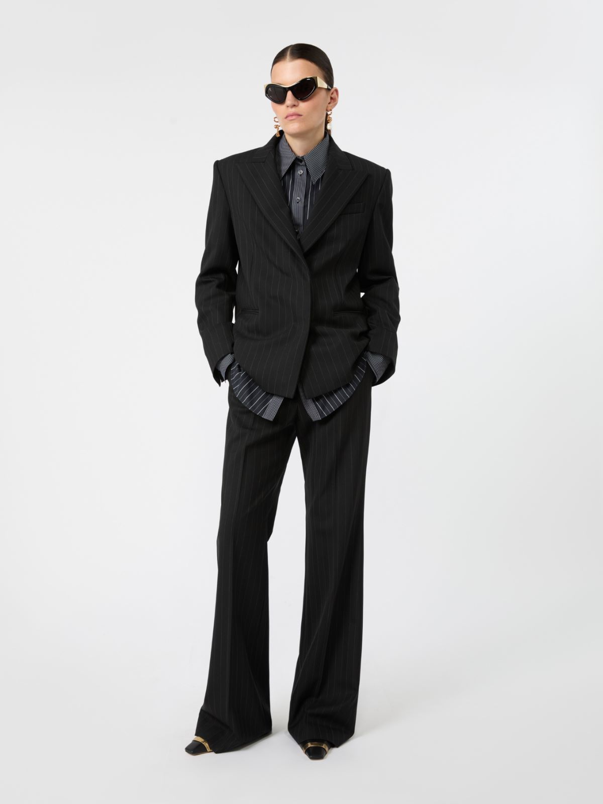 Flared herringbone wool trousers - BLACK