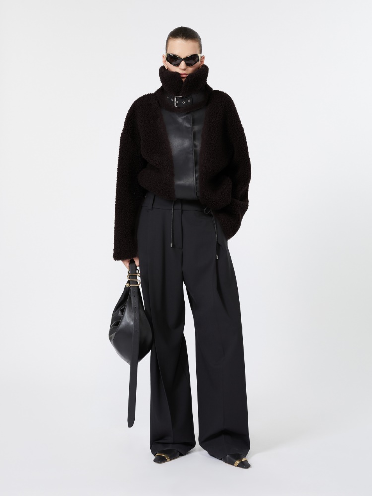 Stretch wool curved-leg trousers - BLACK