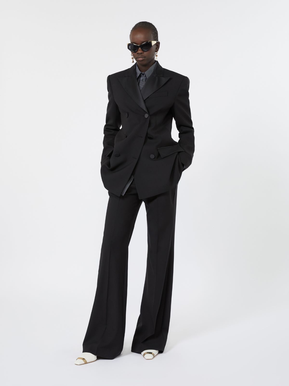 Slim Fit Schlaghose aus Wolle - SCHWARZ