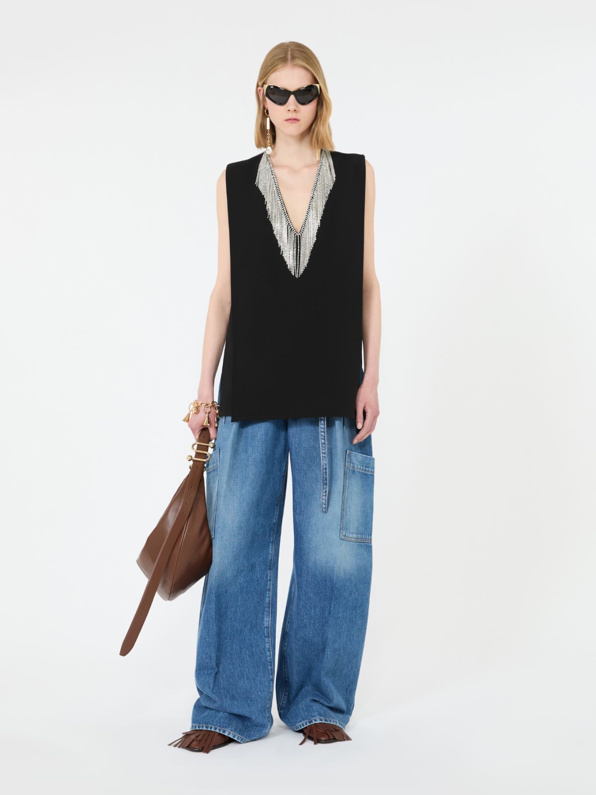 Rhinestone-detail sleeveless cady top - BLACK
