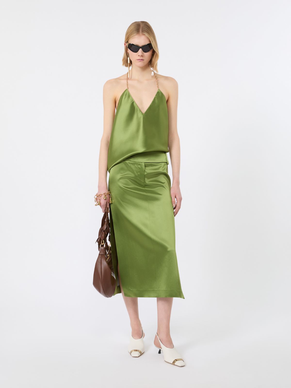 Straight-fit shiny satin top - PASTEL GREEN