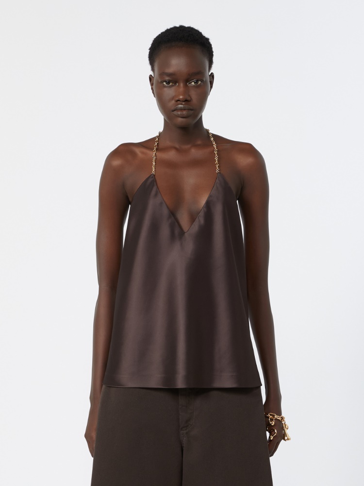 Straight-fit shiny satin top - CHOCOLATE - 2