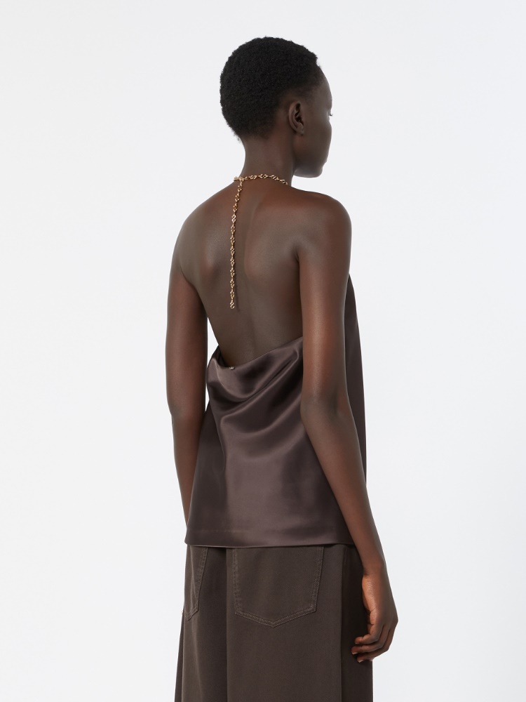 Straight-fit shiny satin top - CHOCOLATE - 3