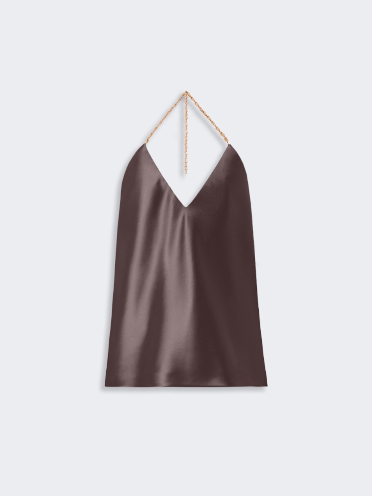 Straight-fit shiny satin top - CHOCOLATE - 6
