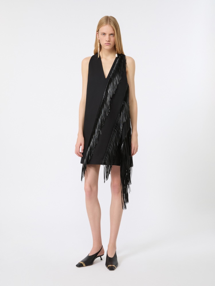 Fringed twill mini dress - BLACK - 2