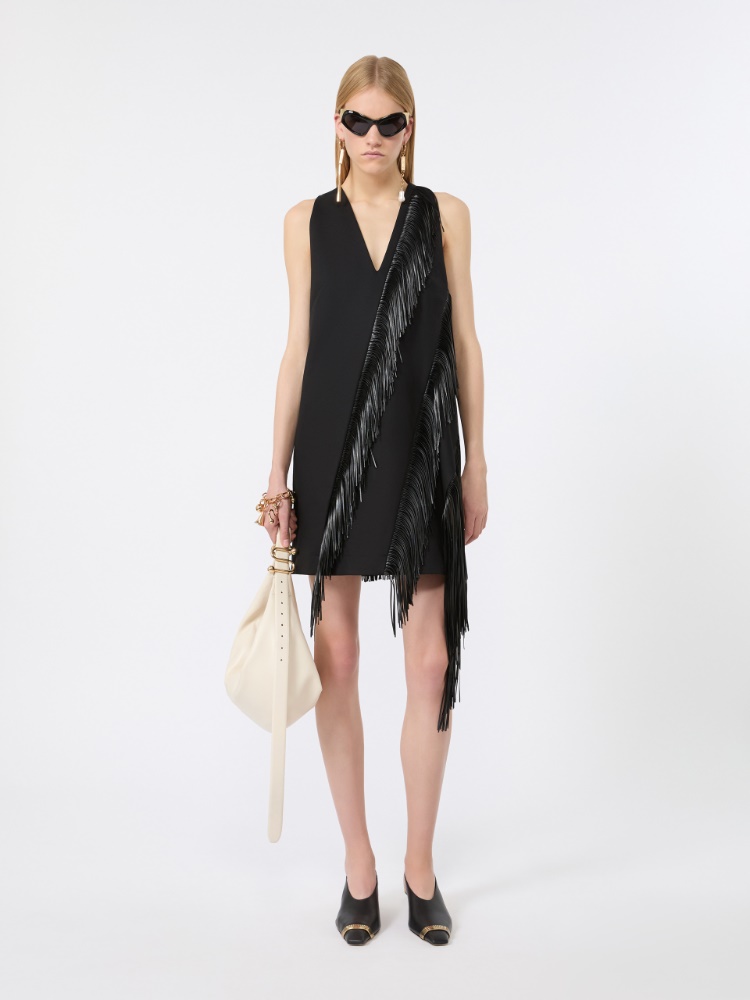 Fringed twill mini dress - BLACK