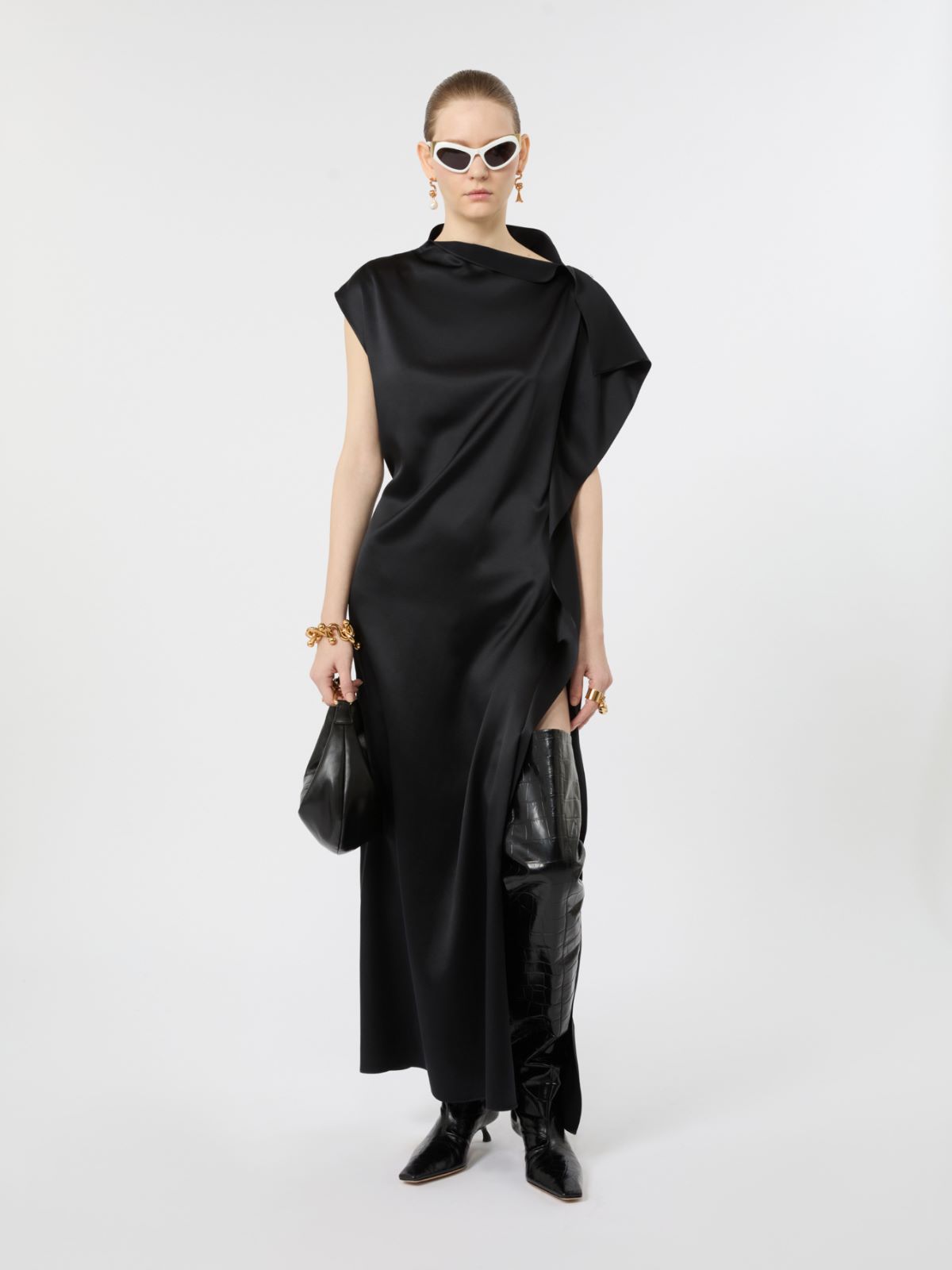Long silk dress with ruffle detail - BLACK - Max Mara