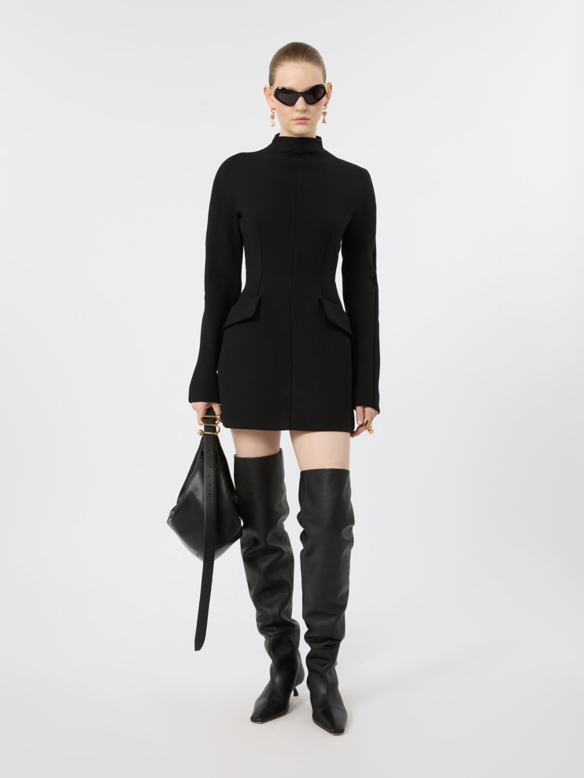 Short stretch wool-blend hourglass dress - BLACK