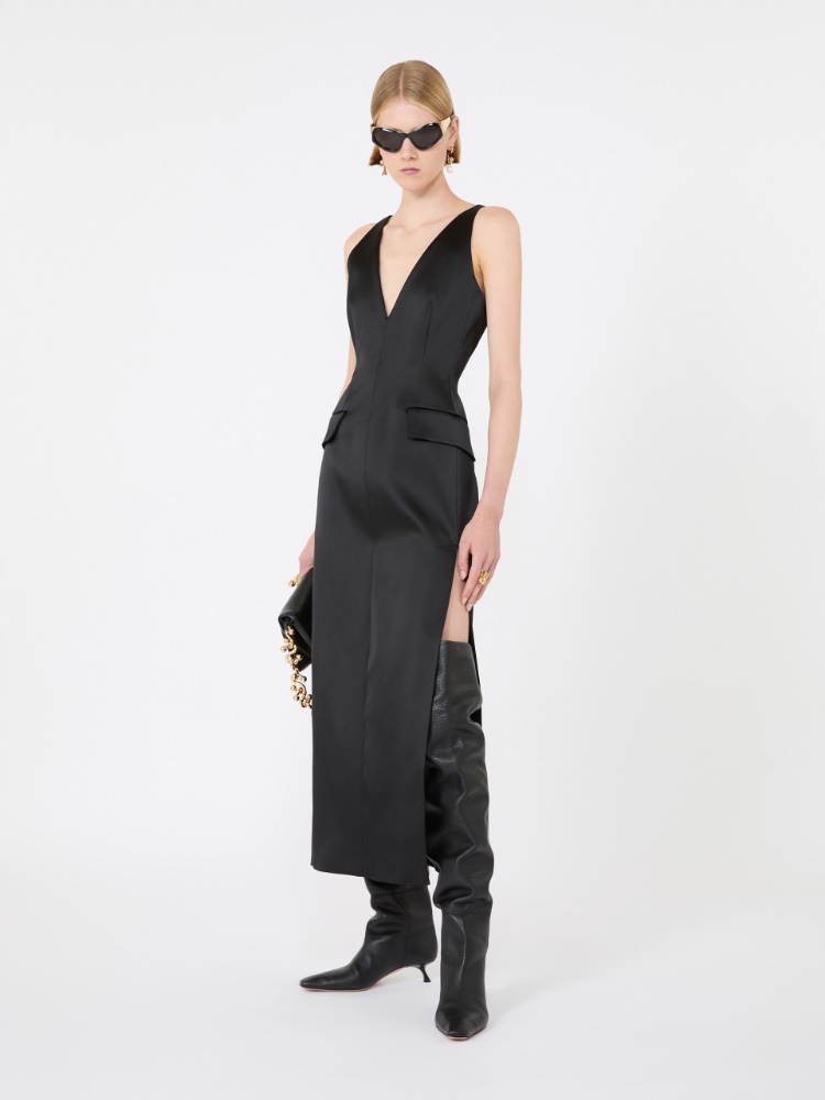 Long stretch satin dress - BLACK