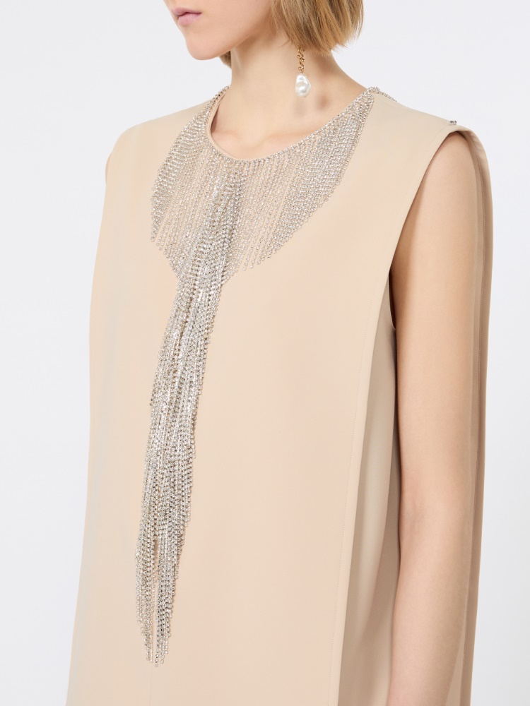 Rhinestone-adorned sleeveless cady mini dress - BEIGE - 4