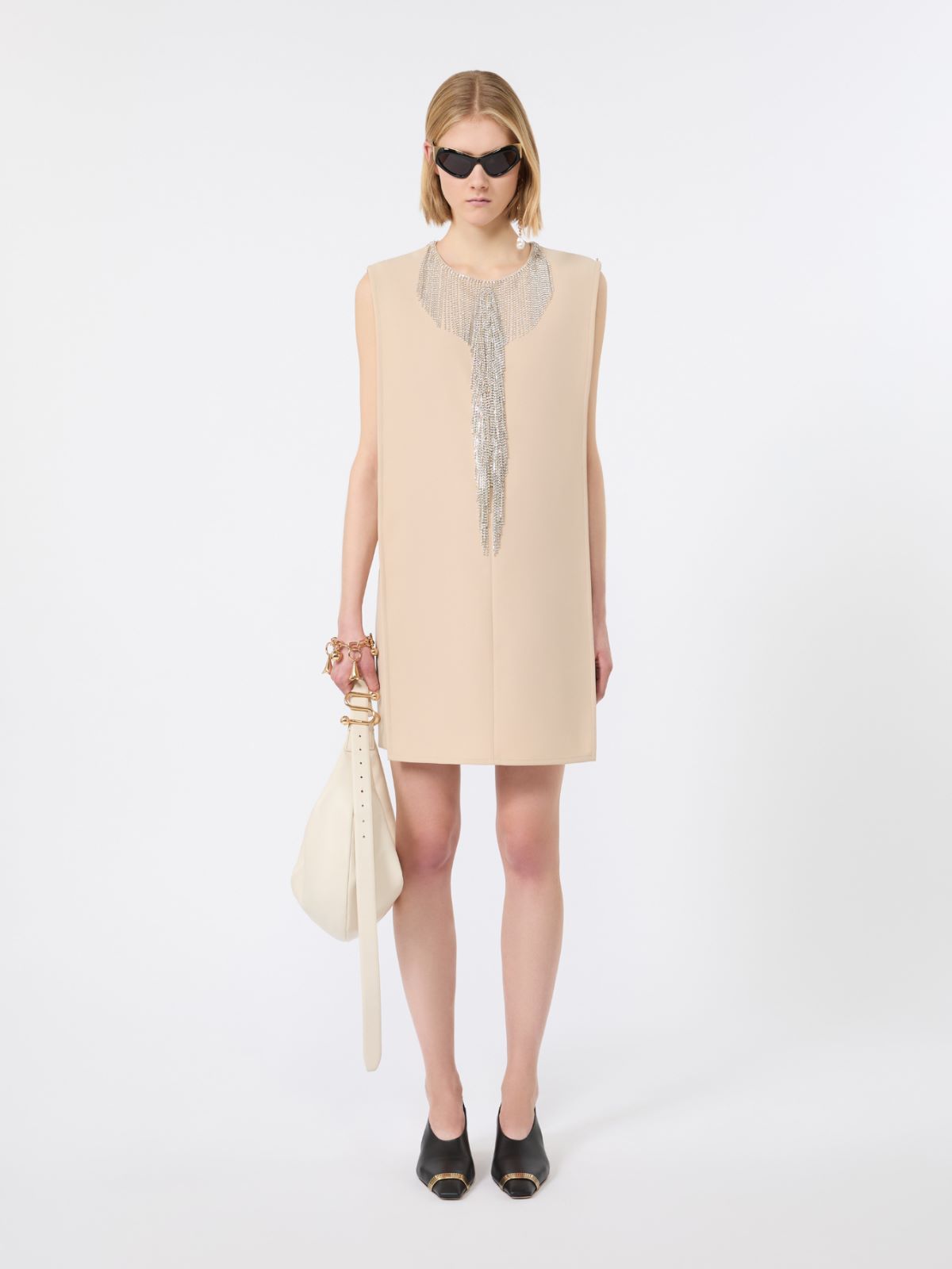 Rhinestone-adorned sleeveless cady mini dress - BEIGE