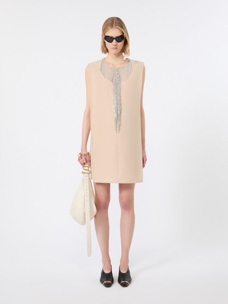 Rhinestone-adorned sleeveless cady mini dress - BEIGE