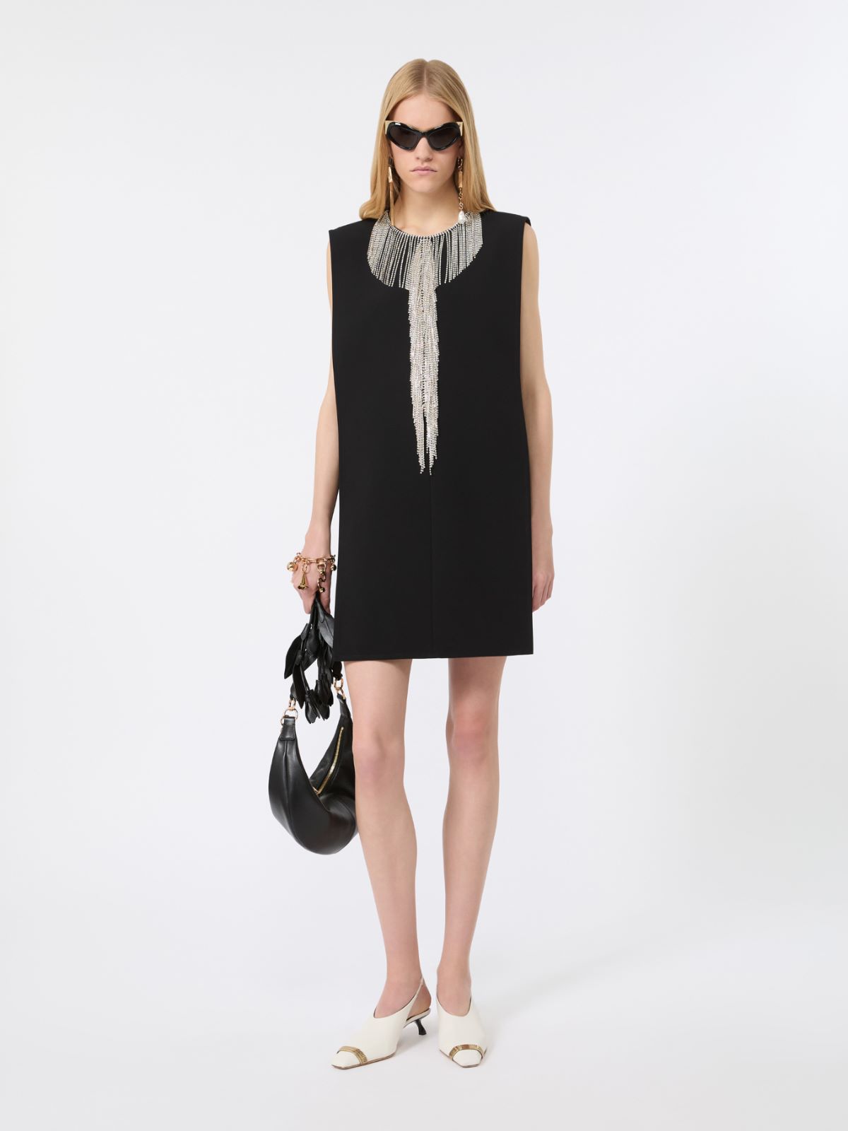 Rhinestone-adorned sleeveless cady mini dress - BLACK