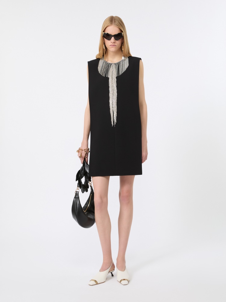 Rhinestone-adorned sleeveless cady mini dress - BLACK - 1