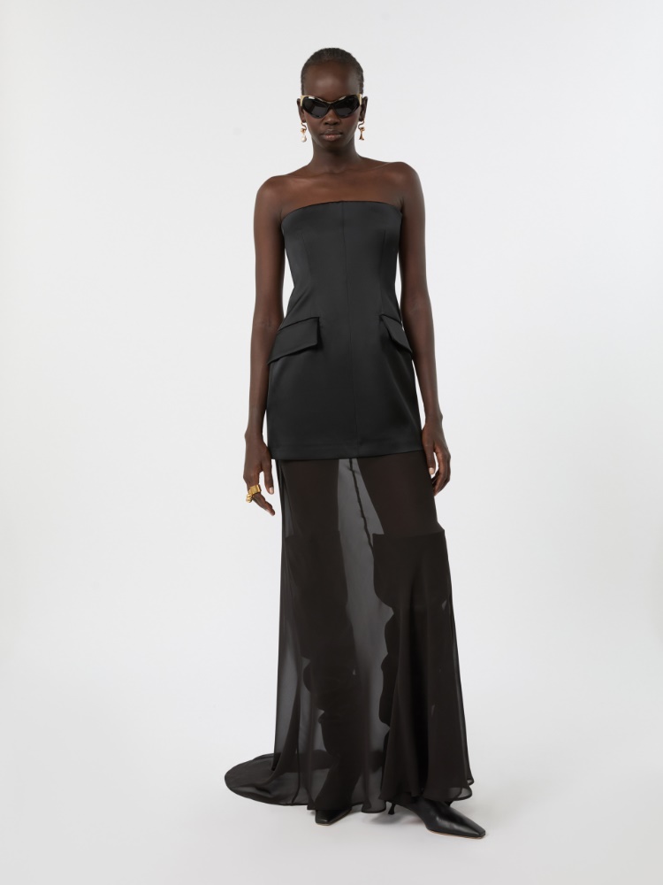 Long stretch satin two-piece dress - BLACK