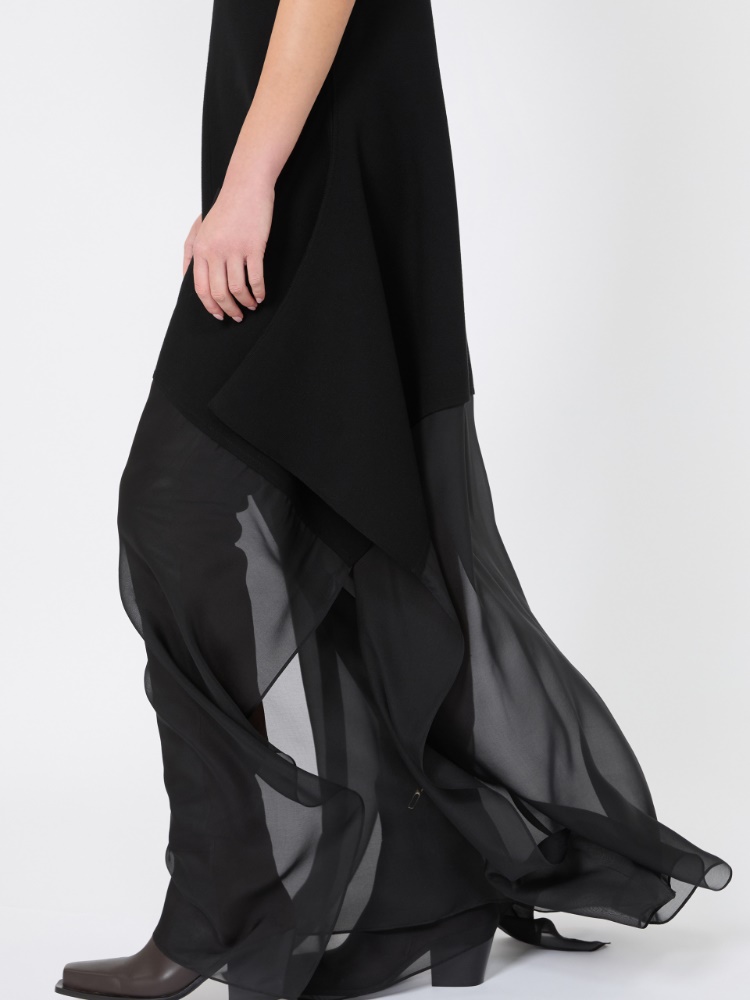 Long viscose knit and silk georgette dress - BLACK