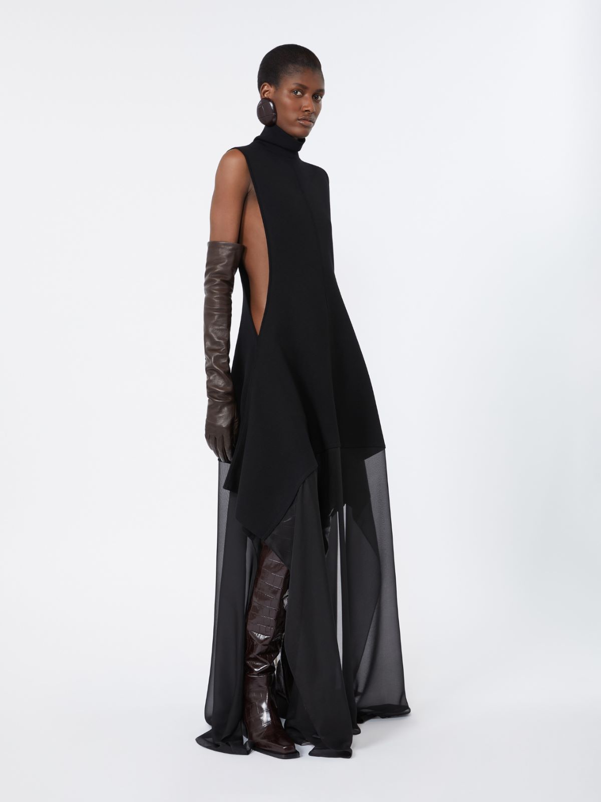 Long viscose knit and silk georgette dress - BLACK