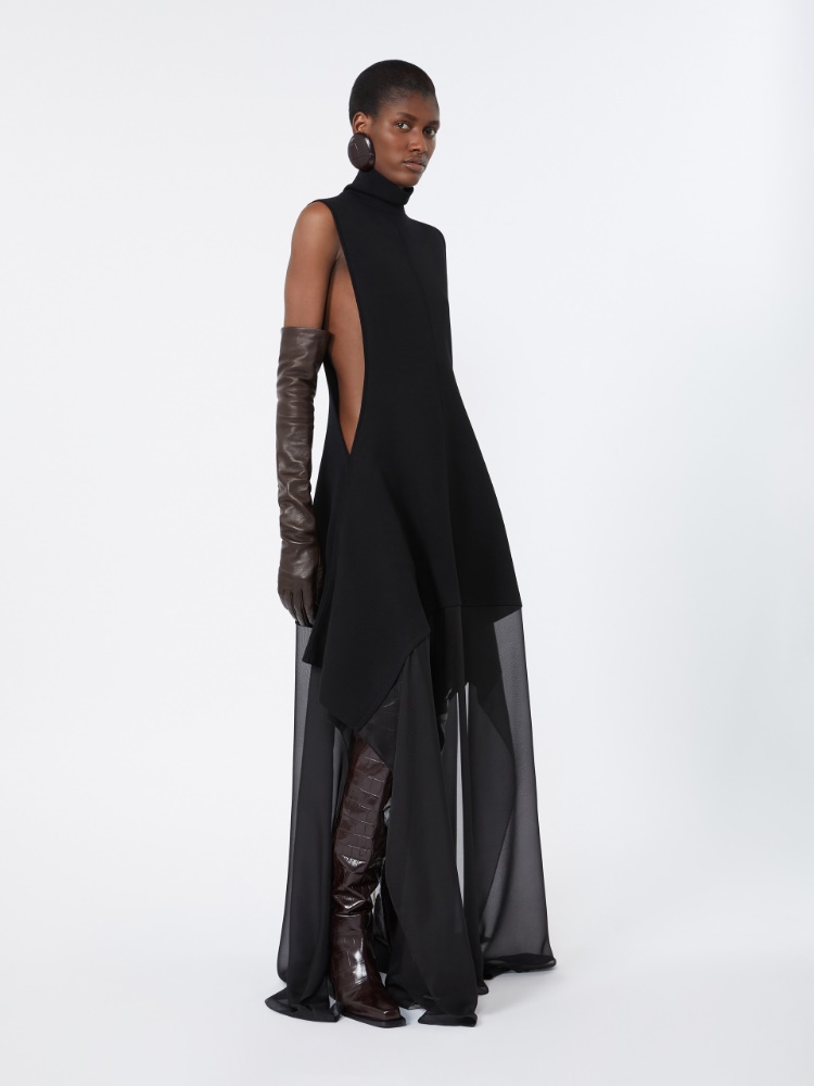 Long viscose knit and silk georgette dress - BLACK