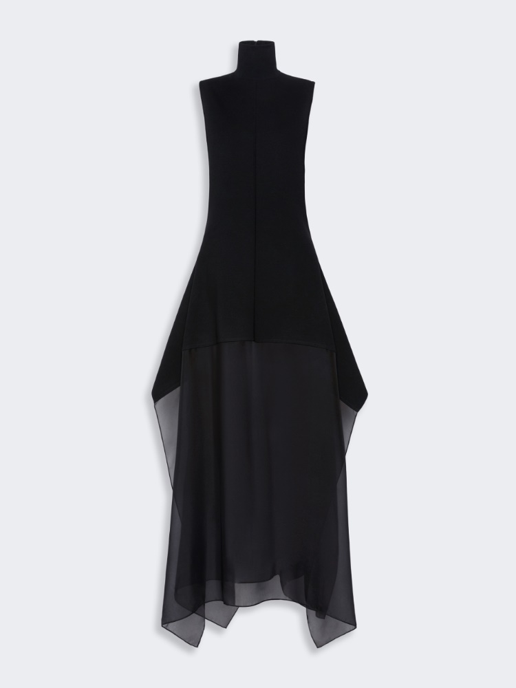 Long viscose knit and silk georgette dress - BLACK