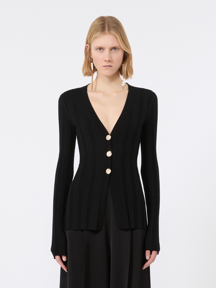 Slim-fit rib-knit viscose cardigan - BLACK - 2