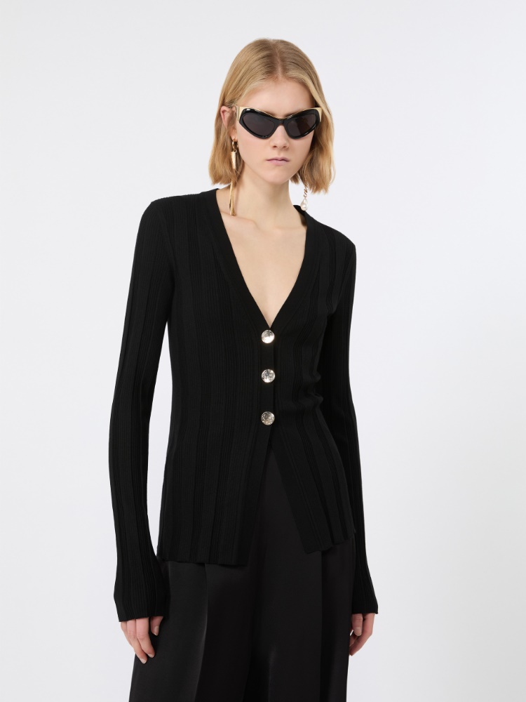 Slim-fit rib-knit viscose cardigan - BLACK - 4