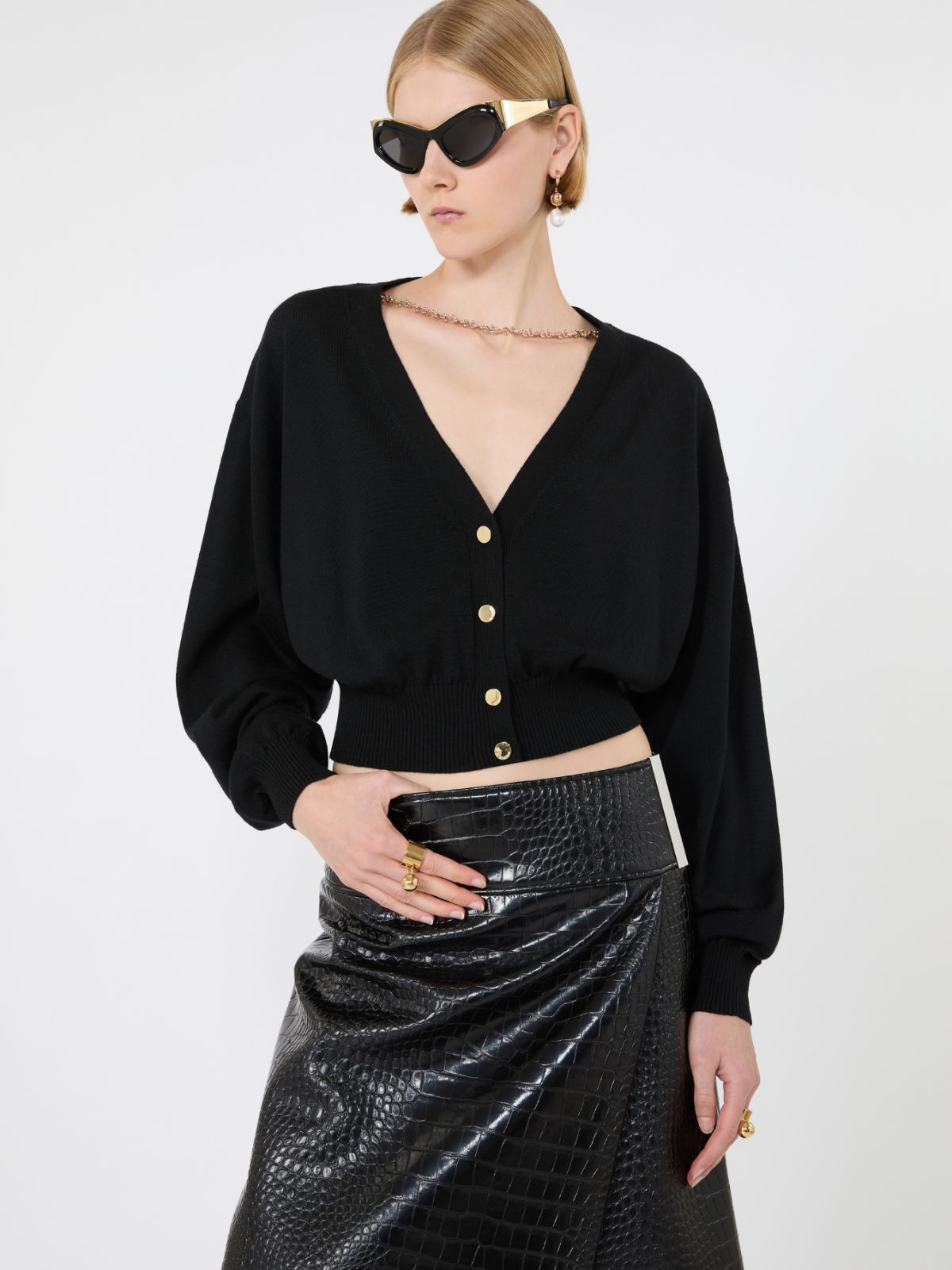 Cropped pure wool cardigan - BLACK - Max Mara - 4