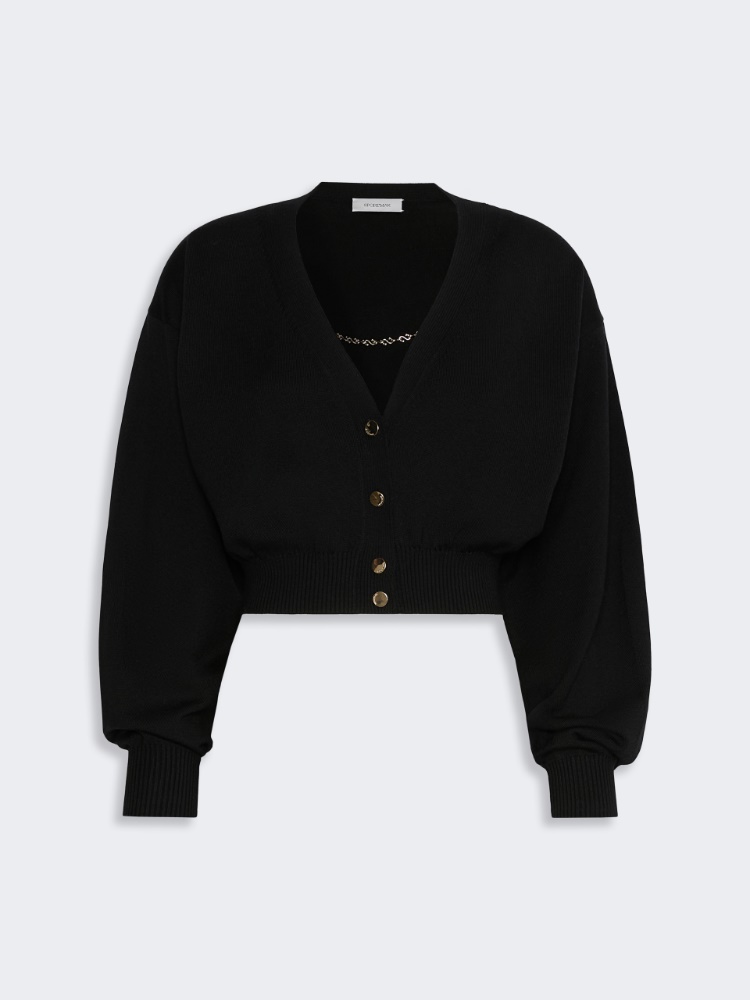 Cropped pure wool cardigan - BLACK