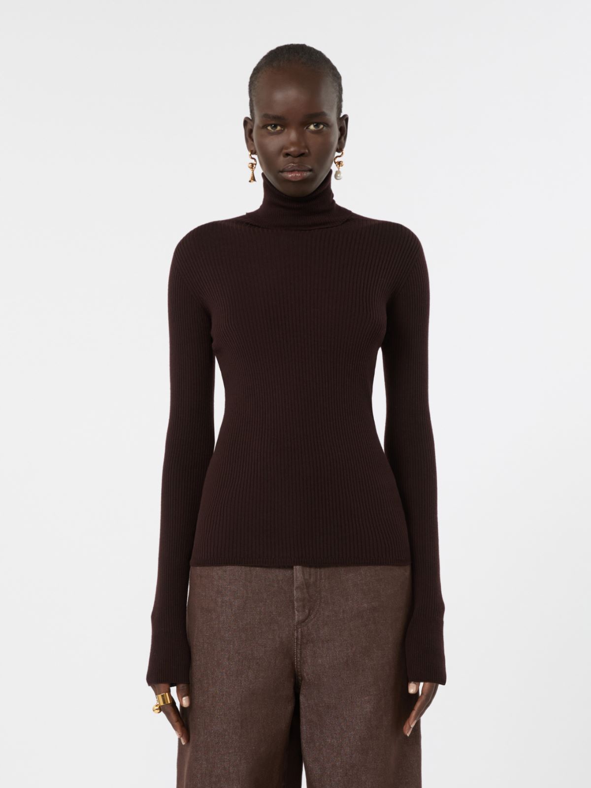 Slim pure wool mock polo-neck sweater - CHOCOLATE - Max Mara - 2