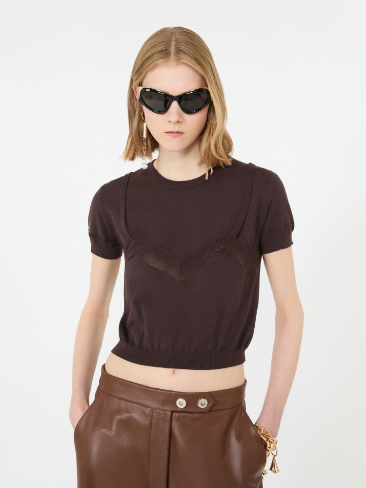Cropped-Pullover aus Viskose mit Trompe-l’Oeil-Optik - SCHOKOLADE - 4