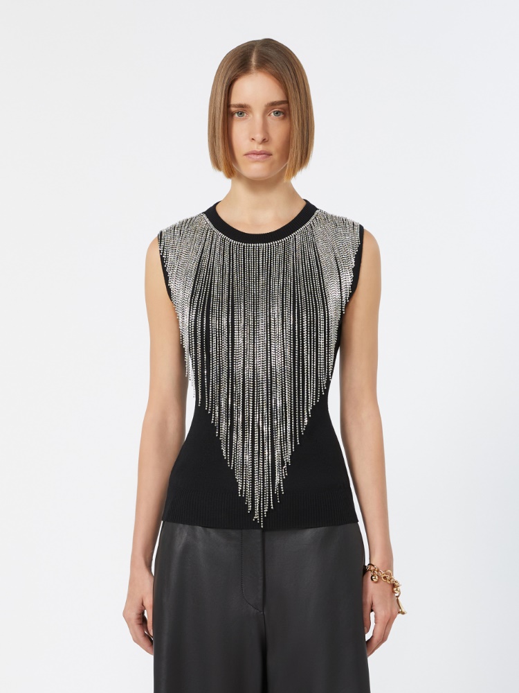 Wool top with bejewelled fringe detail - BLACK - 2