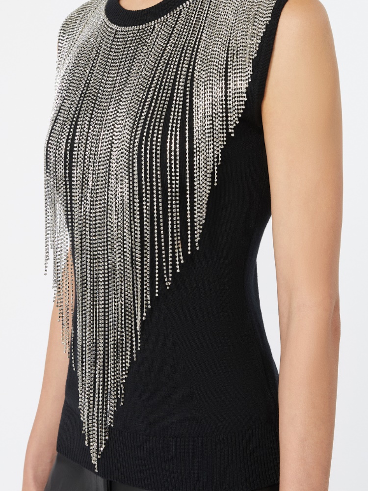 Wool top with bejewelled fringe detail - BLACK - 5