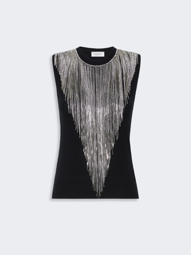 Wool top with bejewelled fringe detail - BLACK - 6